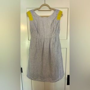 J. Crew Cap Sleeve Chambray Linen dress with yellow embroidery